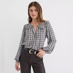 LOFT Plaid Ruffle Collar Shirred Henley Blouse Brown Blue Long Sleeve Size XL